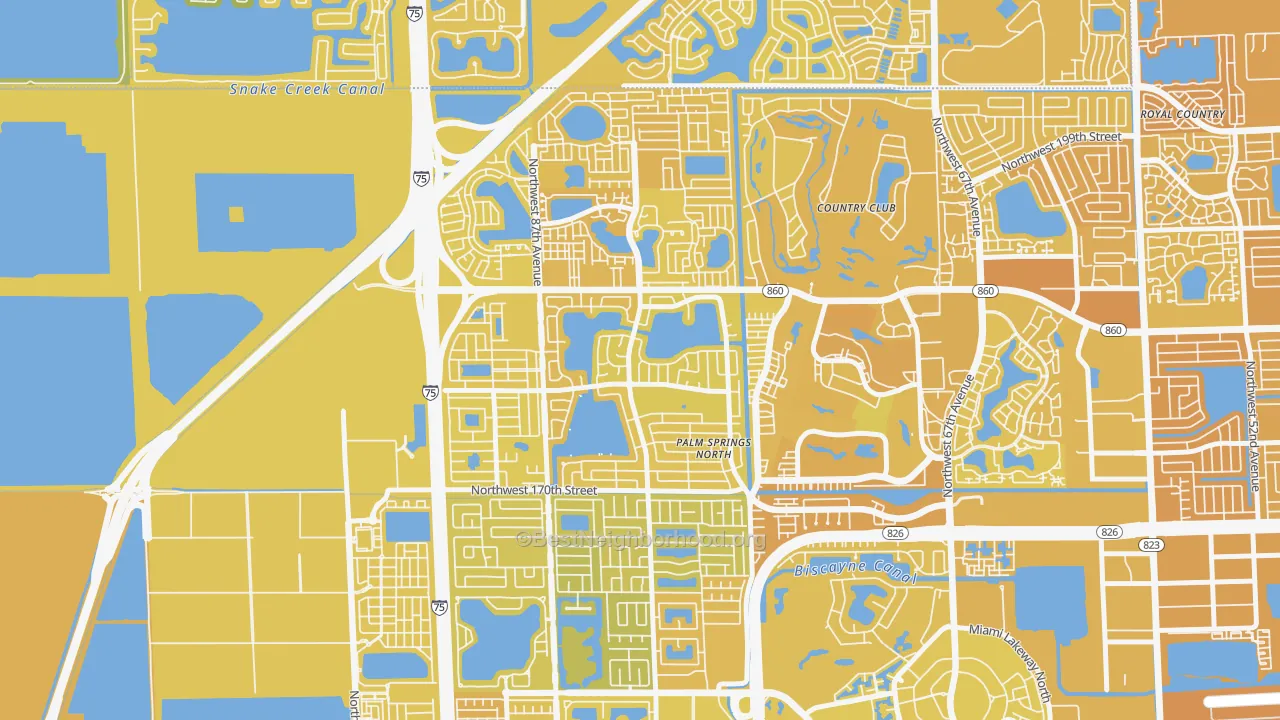 Map of the best neighborhoods in the Palm Springs North, Hialeah area, with better matches in green and worse matches in red