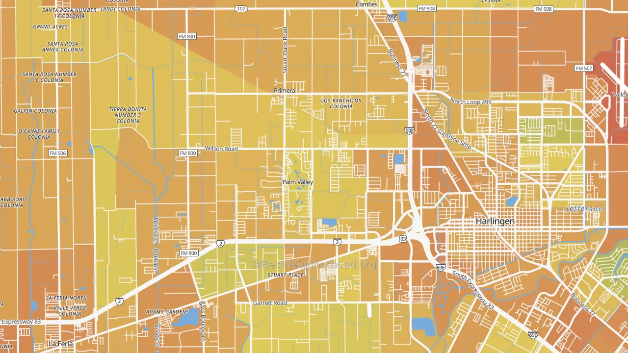Map of the best neighborhoods in the Palm Valley area, with better matches in green and worse matches in red