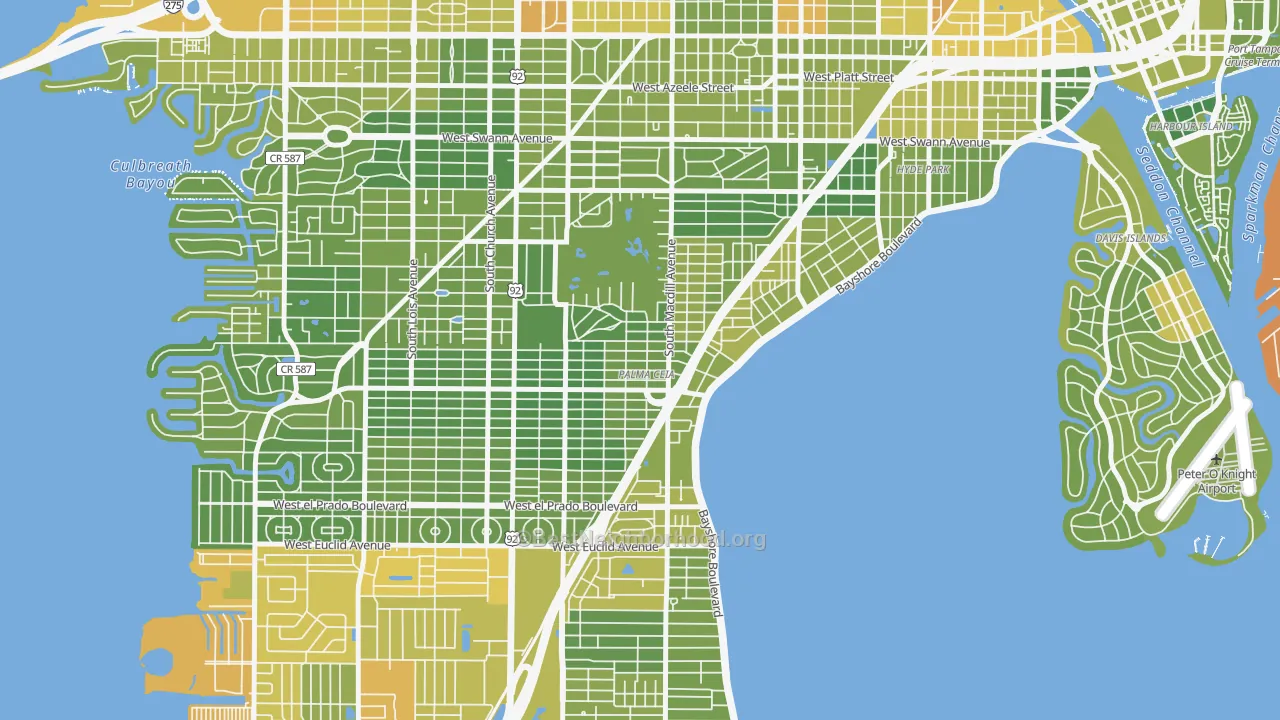 Map of the best neighborhoods in the Palma Ceia, Tampa area, with better matches in green and worse matches in red