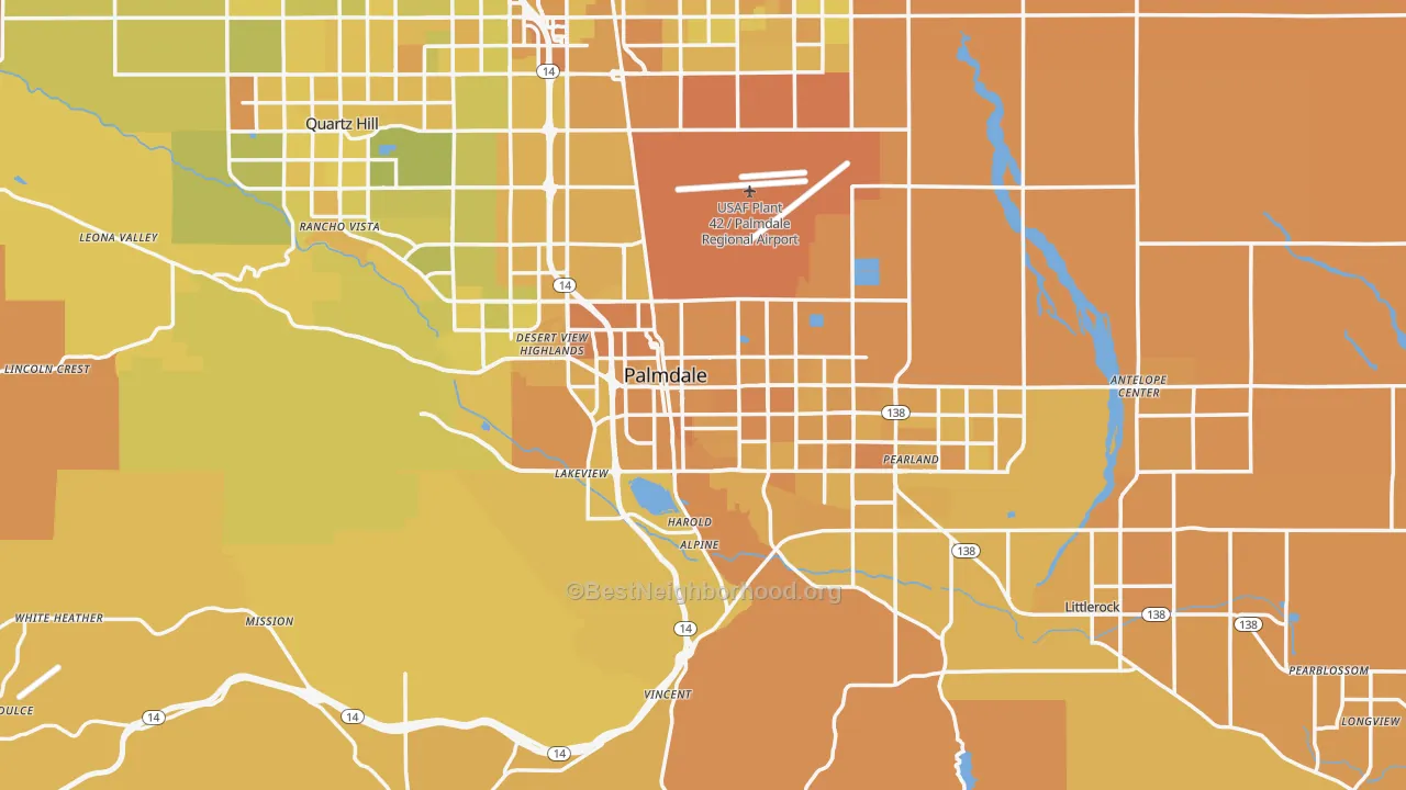 Map of the best neighborhoods in the Palmdale area, with better matches in green and worse matches in red