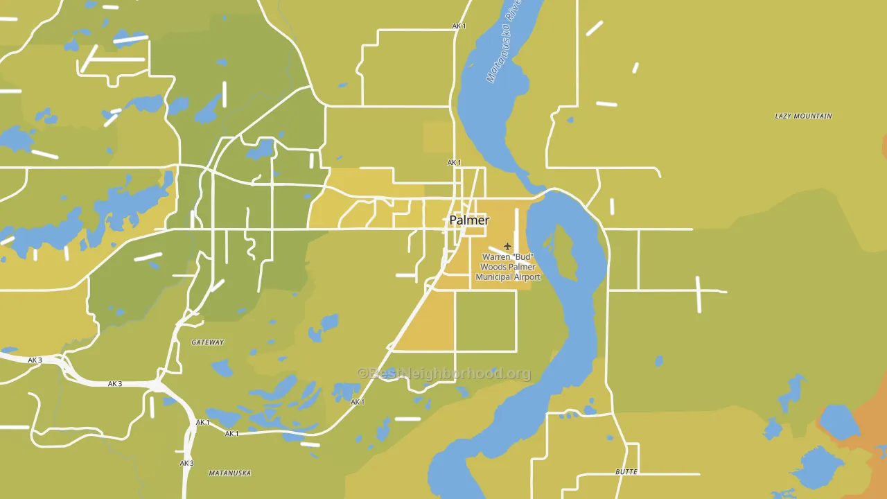 Map of the best neighborhoods in the Palmer area, with better matches in green and worse matches in red