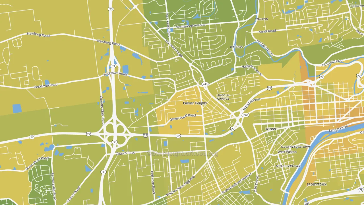Map of the best neighborhoods in the Palmer Heights, Easton area, with better matches in green and worse matches in red