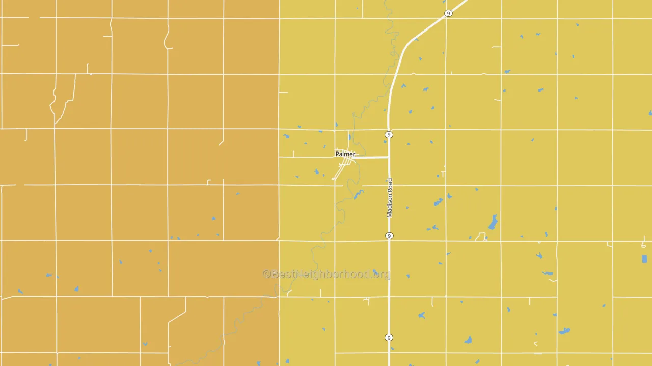 Map of the best neighborhoods in the Palmer area, with better matches in green and worse matches in red