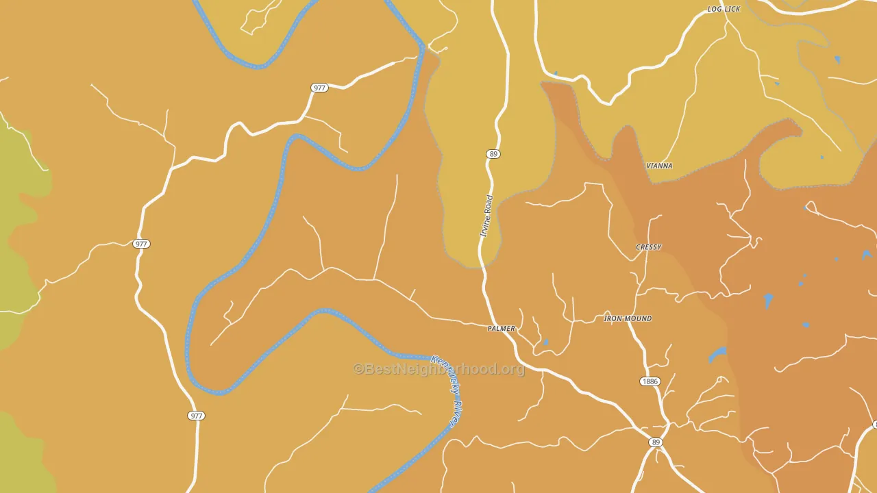 Map of the best neighborhoods in the Palmer area, with better matches in green and worse matches in red