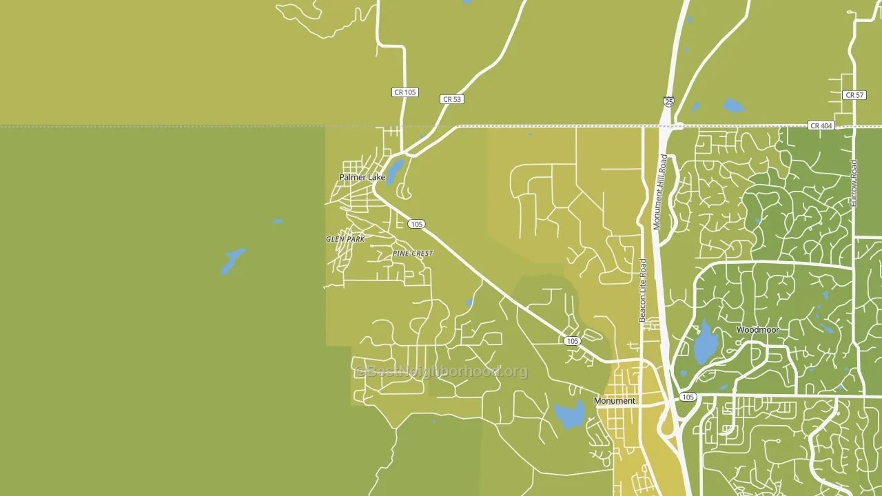 Map of the best neighborhoods in the Palmer Lake area, with better matches in green and worse matches in red