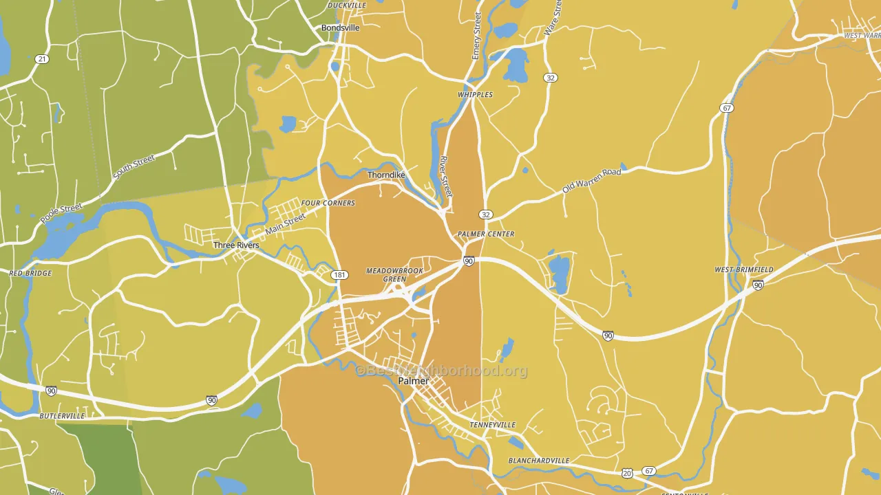Map of the best neighborhoods in the Palmer area, with better matches in green and worse matches in red