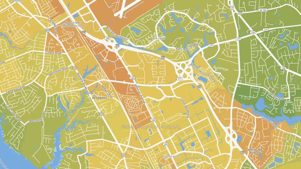 Map of the best neighborhoods in the Palmer, Newport News area, with better matches in green and worse matches in red