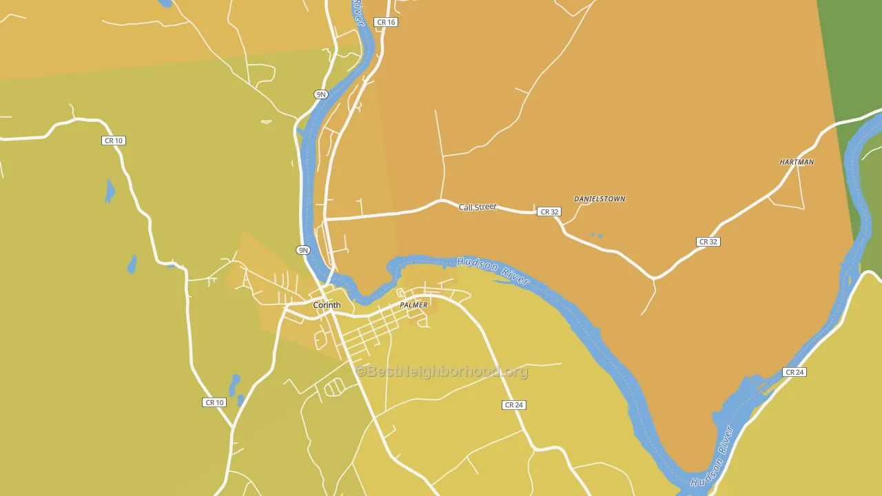 Map of the best neighborhoods in the Palmer area, with better matches in green and worse matches in red