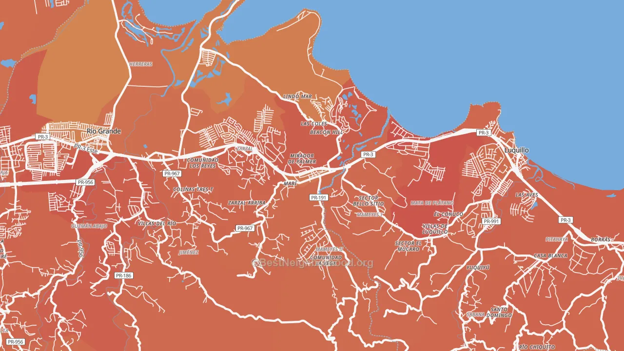 Map of the best neighborhoods in the Palmer area, with better matches in green and worse matches in red
