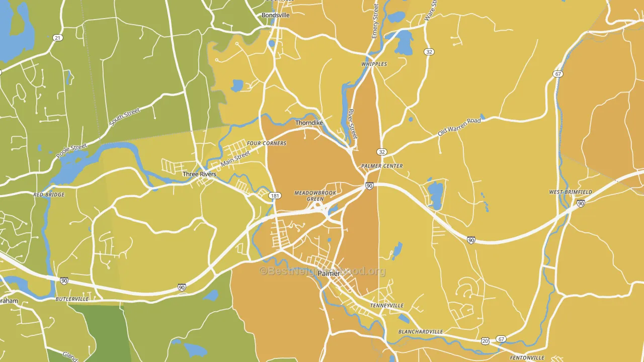 Map of the best neighborhoods in the Palmer Town area, with better matches in green and worse matches in red