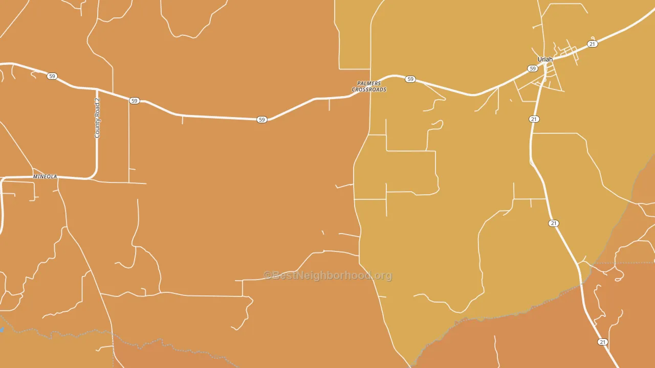 Map of the best neighborhoods in the Palmers Crossroads area, with better matches in green and worse matches in red