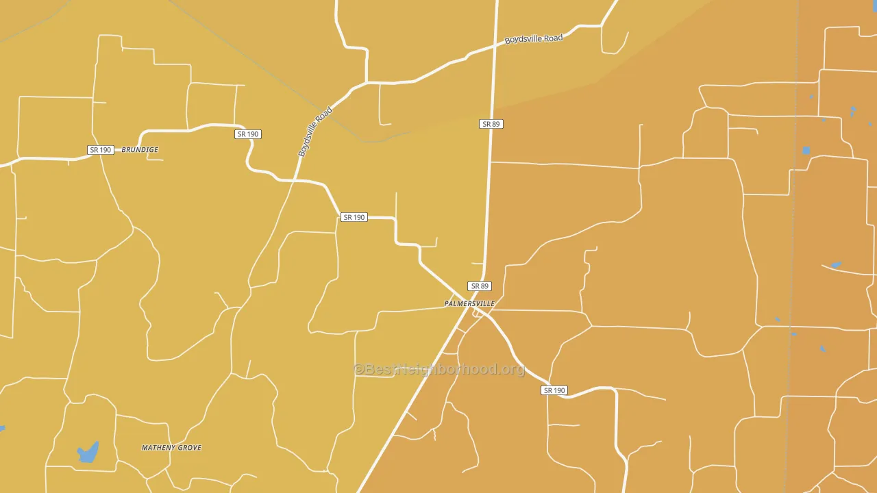 Map of the best neighborhoods in the Palmersville area, with better matches in green and worse matches in red