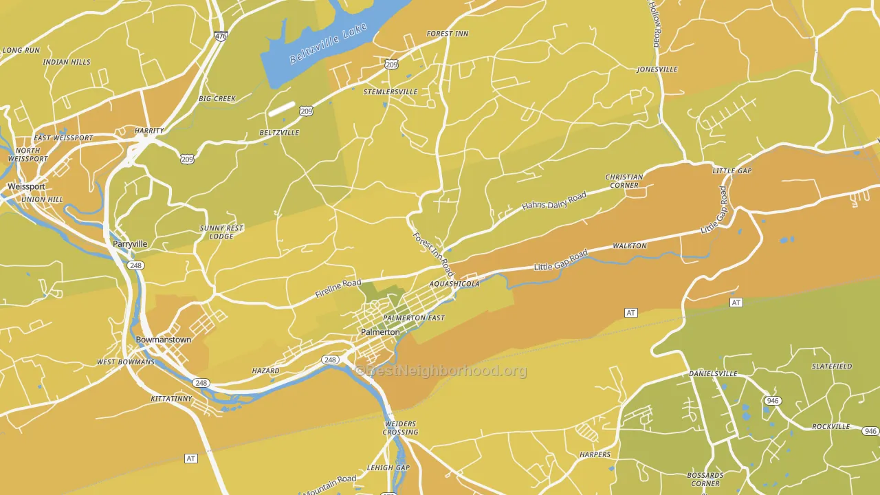 Map of the best neighborhoods in the Palmerton area, with better matches in green and worse matches in red