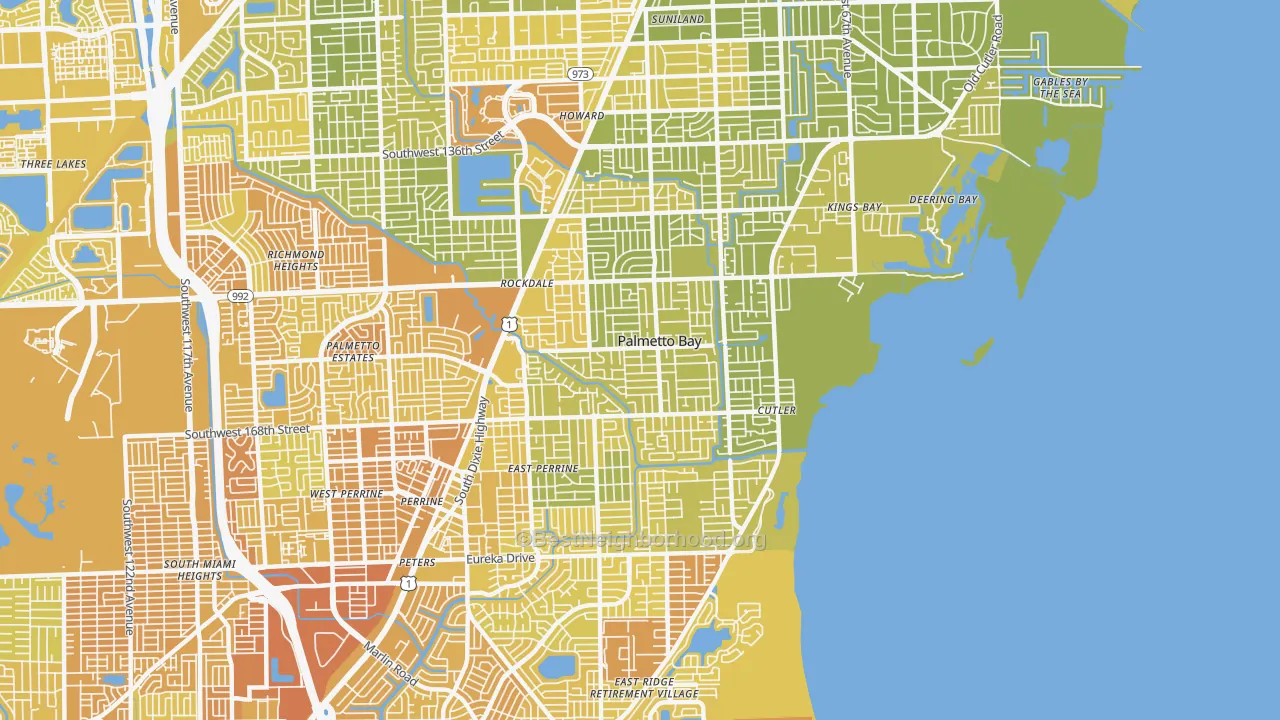 Map of the best neighborhoods in the Palmetto Bay area, with better matches in green and worse matches in red