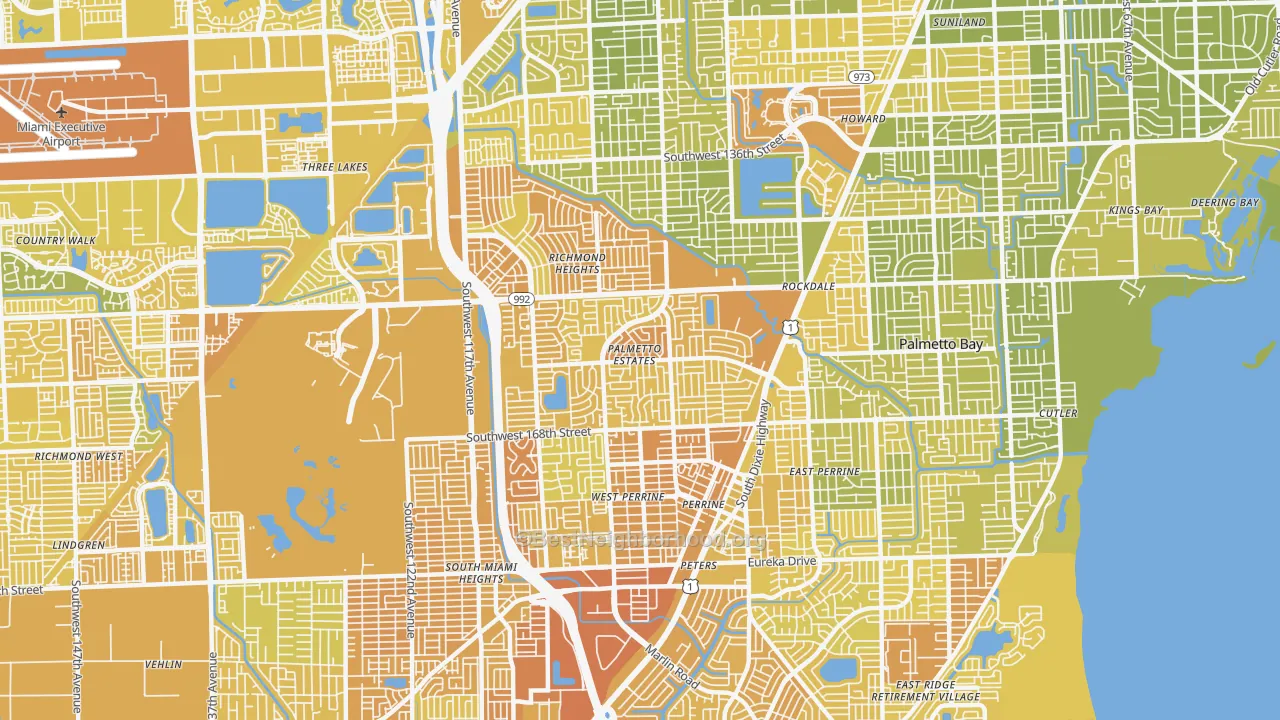 Map of the best neighborhoods in the Palmetto Estates area, with better matches in green and worse matches in red