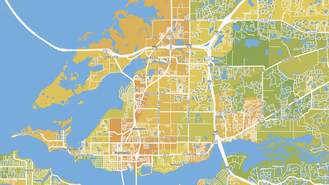 Map of the best neighborhoods in the Palmetto area, with better matches in green and worse matches in red