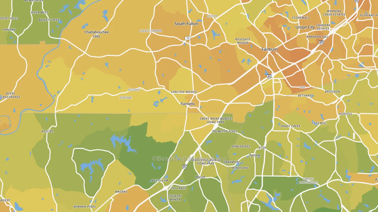Map of the best neighborhoods in the Palmetto area, with better matches in green and worse matches in red