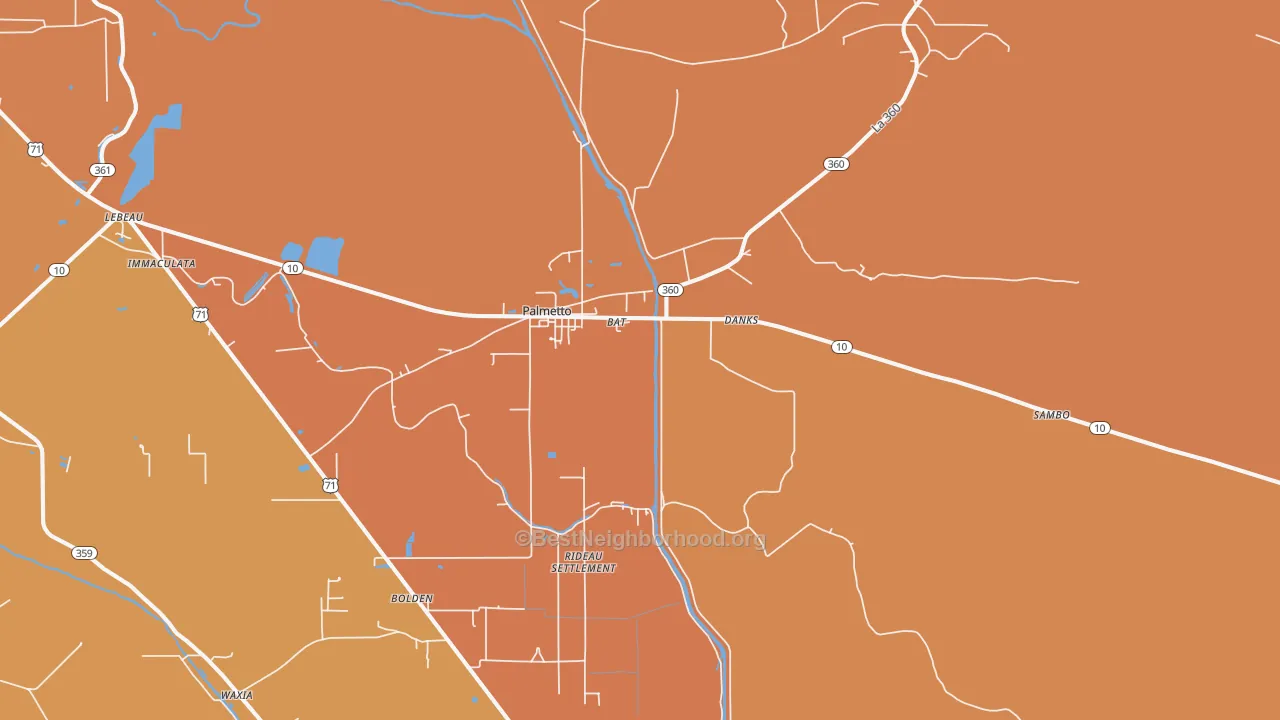 Map of the best neighborhoods in the Palmetto area, with better matches in green and worse matches in red