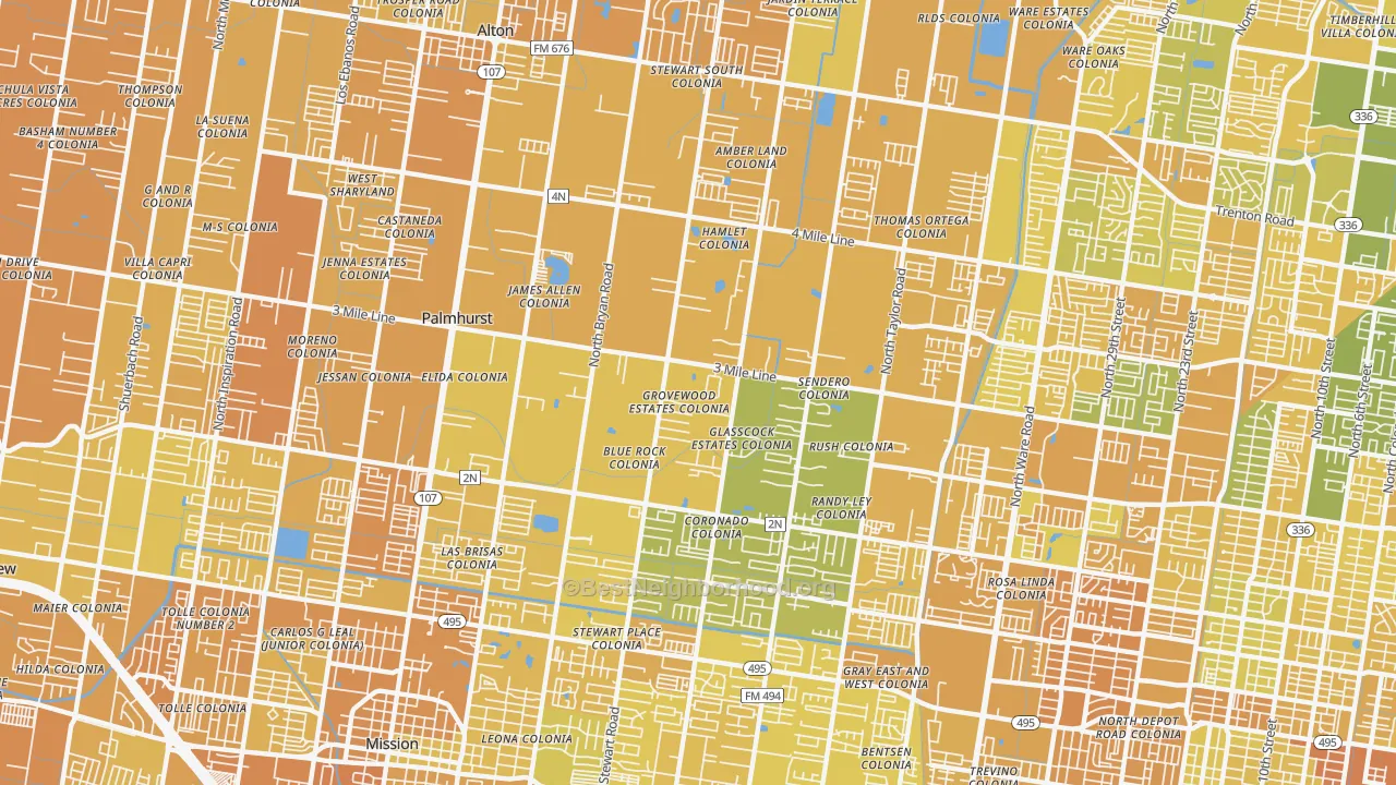 Map of the best neighborhoods in the Palmhurst area, with better matches in green and worse matches in red
