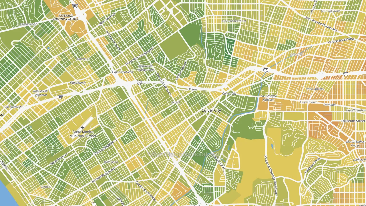 Map of the best neighborhoods in the Palms, Los Angeles area, with better matches in green and worse matches in red