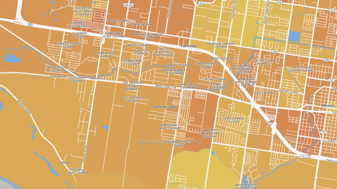 Map of the best neighborhoods in the Palmview South area, with better matches in green and worse matches in red