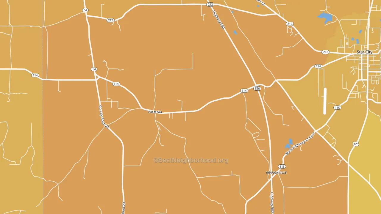 Map of the best neighborhoods in the Palmyra area, with better matches in green and worse matches in red