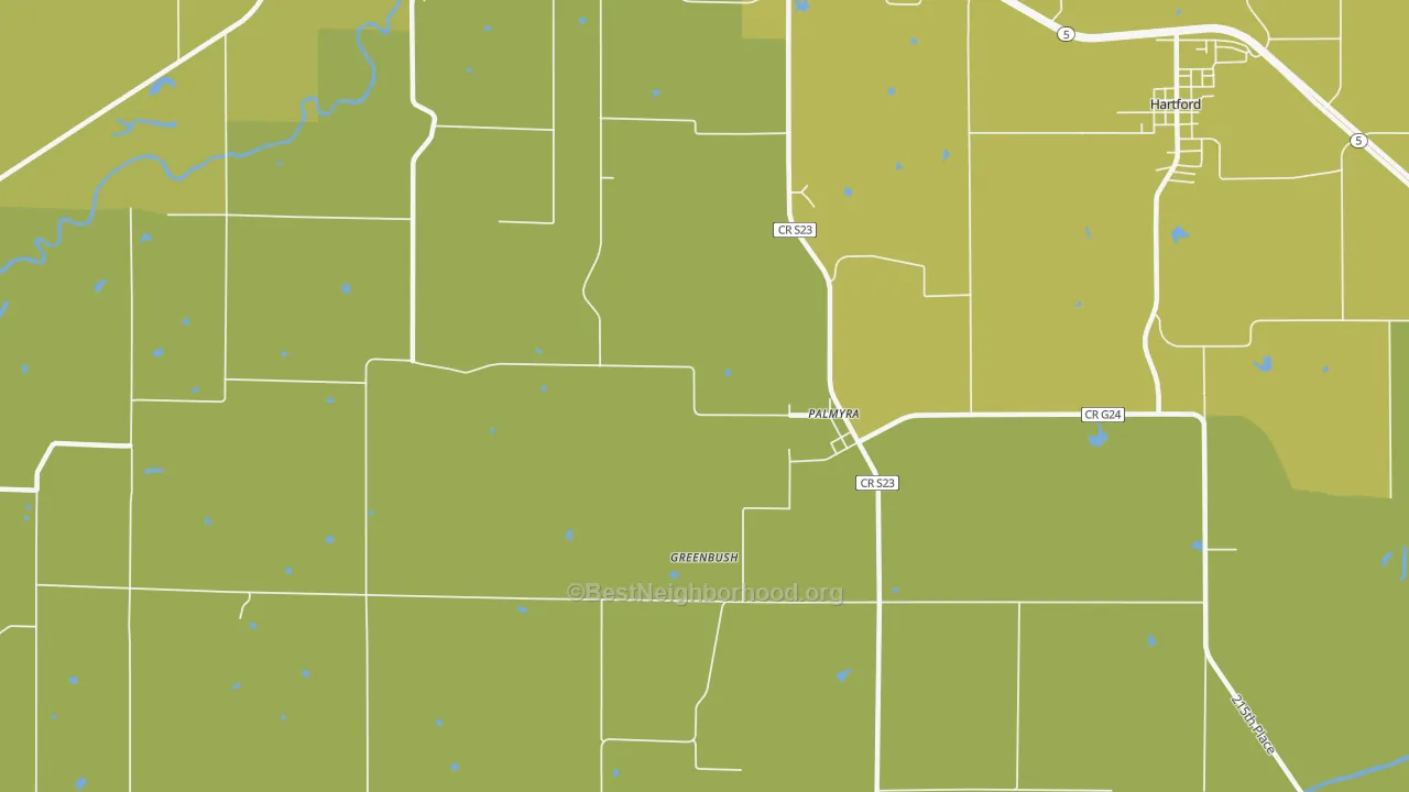 Map of the best neighborhoods in the Palmyra area, with better matches in green and worse matches in red