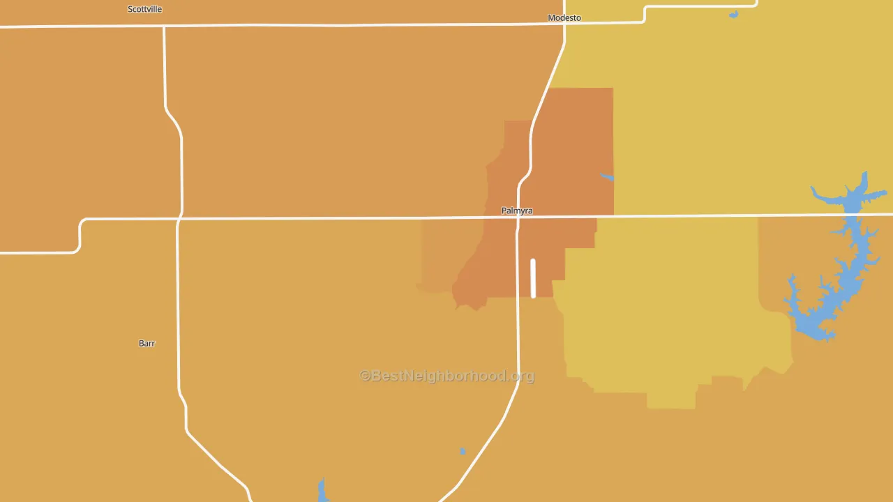 Map of the best neighborhoods in the Palmyra area, with better matches in green and worse matches in red