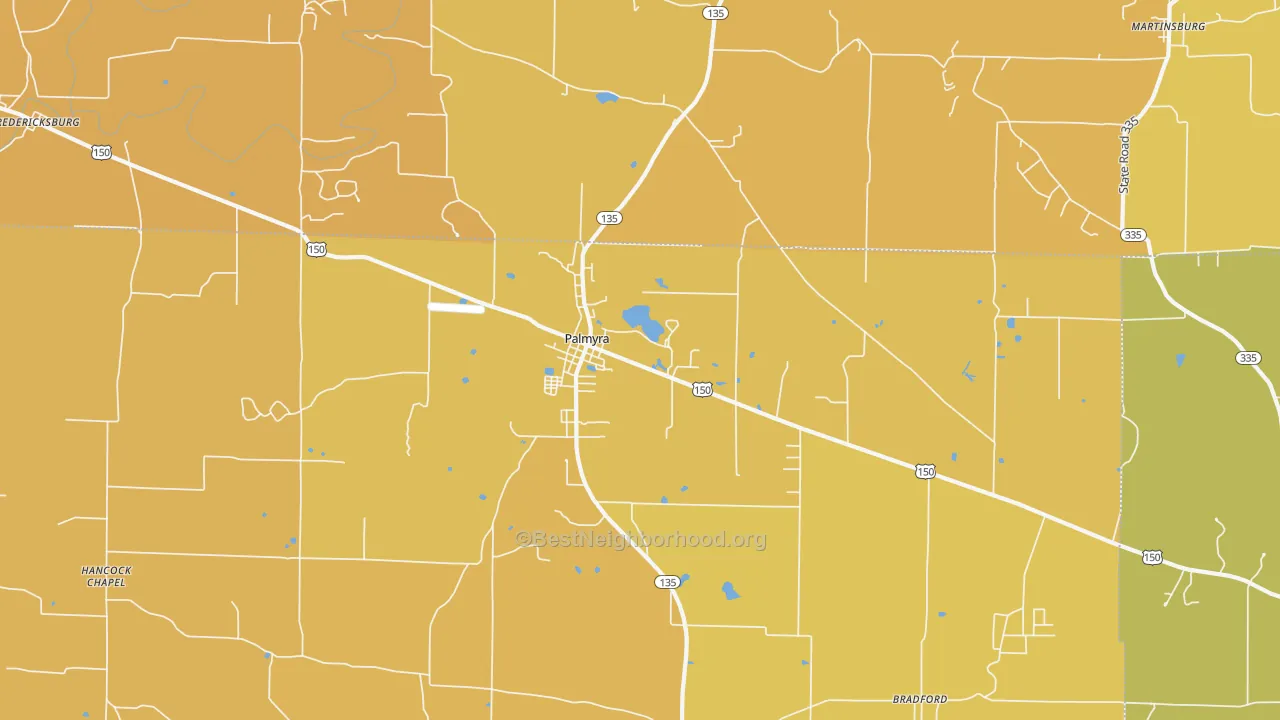 Map of the best neighborhoods in the Palmyra area, with better matches in green and worse matches in red