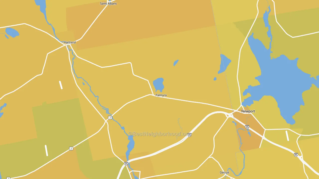 Map of the best neighborhoods in the Palmyra area, with better matches in green and worse matches in red