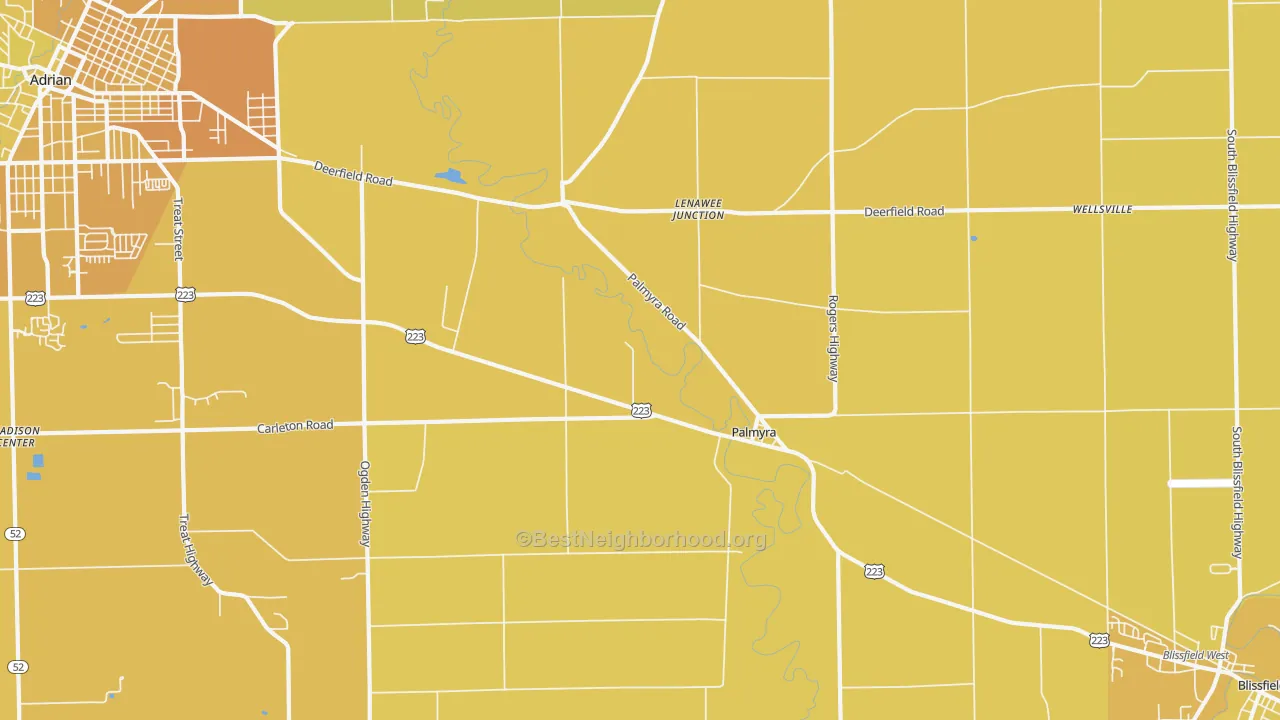Map of the best neighborhoods in the Palmyra area, with better matches in green and worse matches in red