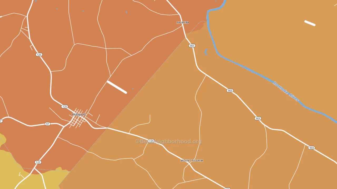 Map of the best neighborhoods in the Palmyra area, with better matches in green and worse matches in red