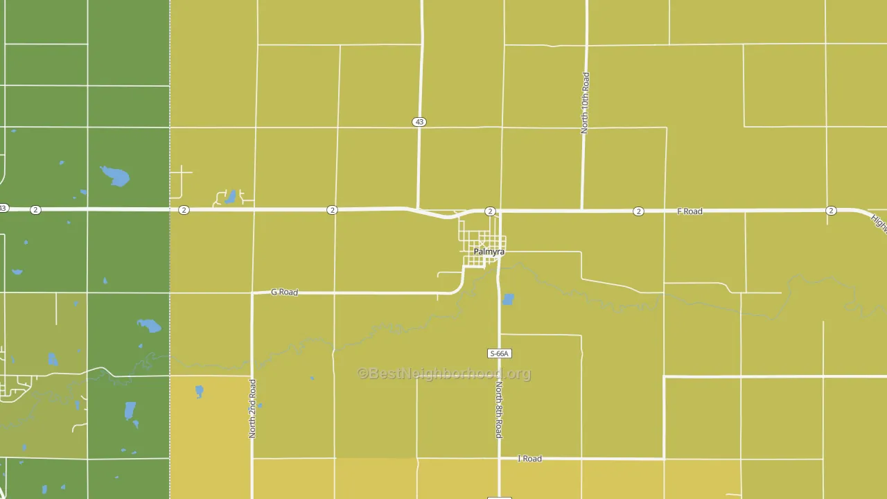Map of the best neighborhoods in the Palmyra area, with better matches in green and worse matches in red