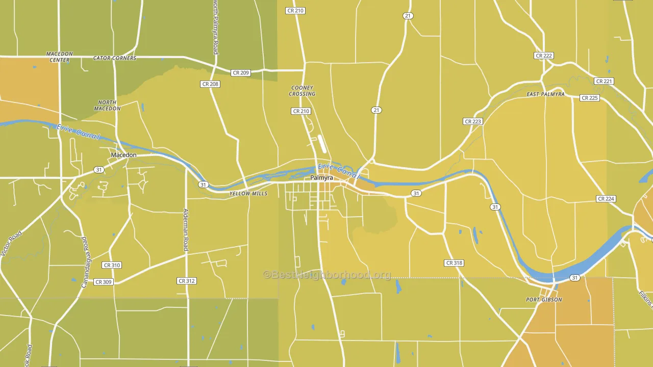 Map of the best neighborhoods in the Palmyra area, with better matches in green and worse matches in red