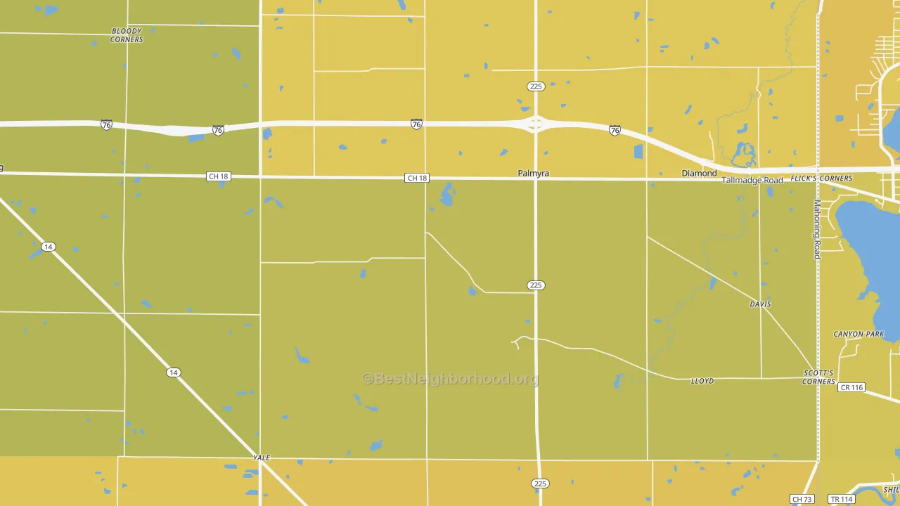 Map of the best neighborhoods in the Palmyra area, with better matches in green and worse matches in red