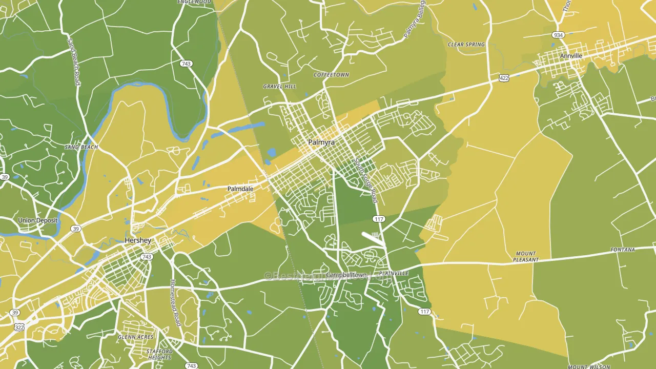 Map of the best neighborhoods in the Palmyra area, with better matches in green and worse matches in red