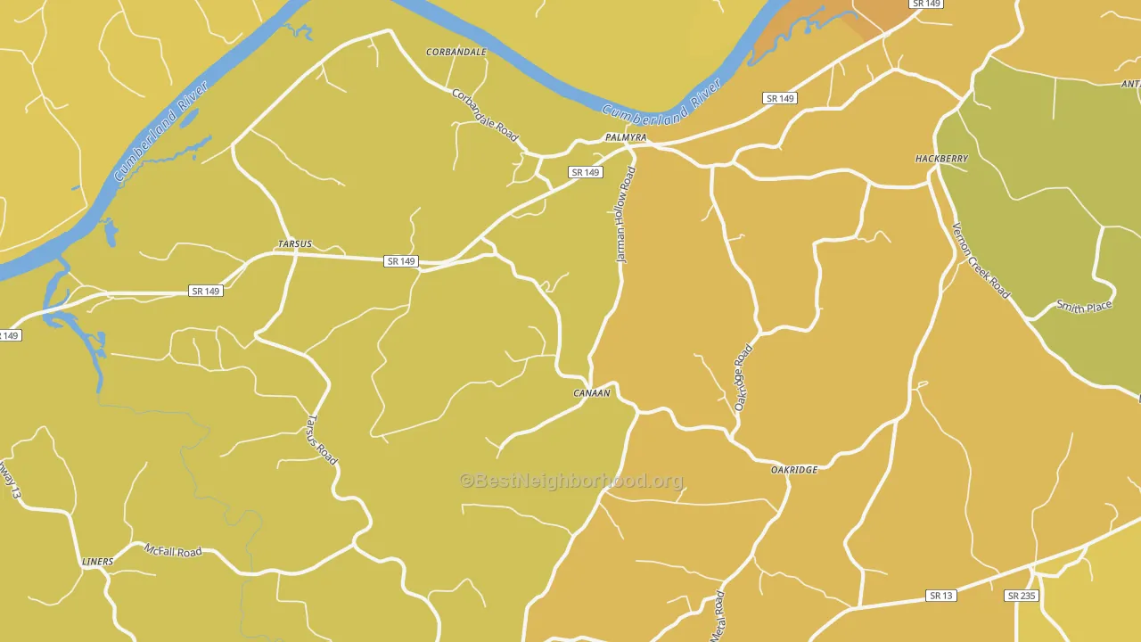 Map of the best neighborhoods in the Palmyra area, with better matches in green and worse matches in red