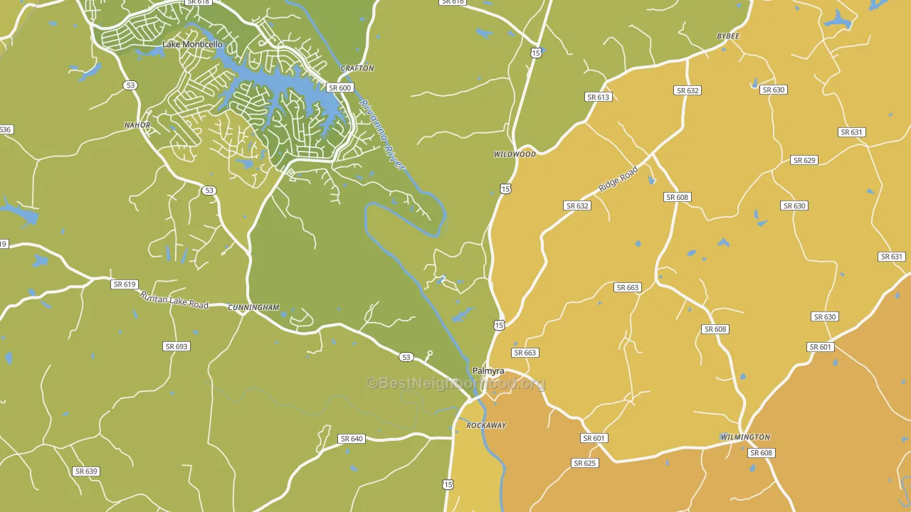 Map of the best neighborhoods in the Palmyra area, with better matches in green and worse matches in red