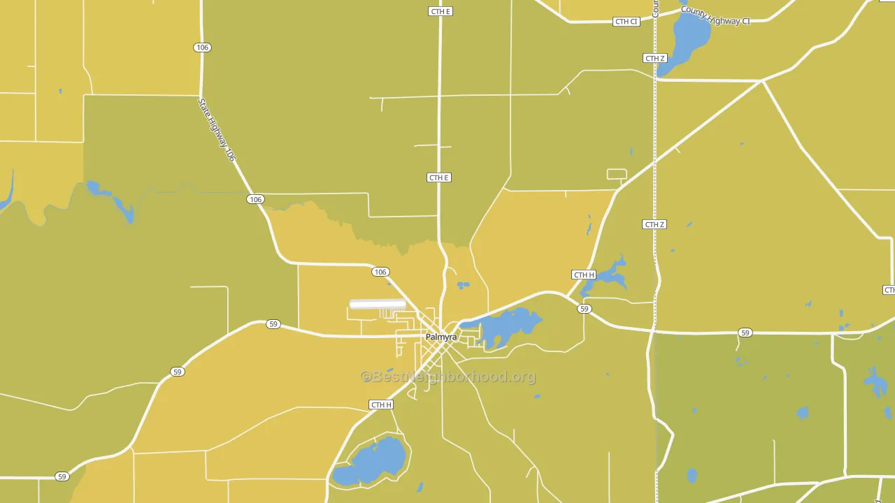 Map of the best neighborhoods in the Palmyra area, with better matches in green and worse matches in red