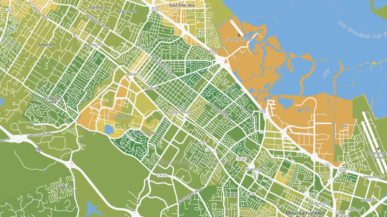 Map of the best neighborhoods in the Palo Alto area, with better matches in green and worse matches in red