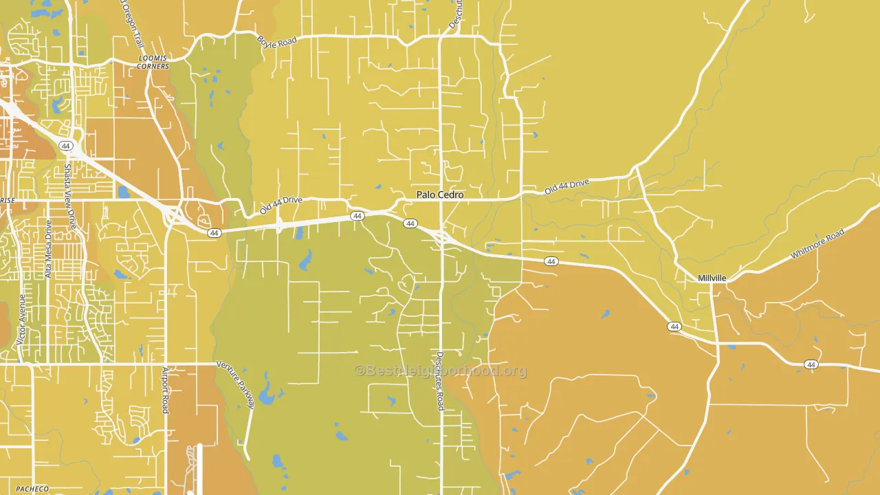 Map of the best neighborhoods in the Palo Cedro area, with better matches in green and worse matches in red