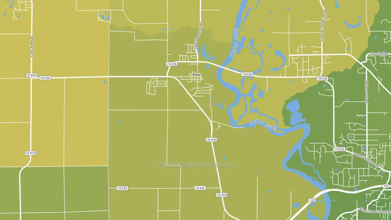 Map of the best neighborhoods in the Palo area, with better matches in green and worse matches in red