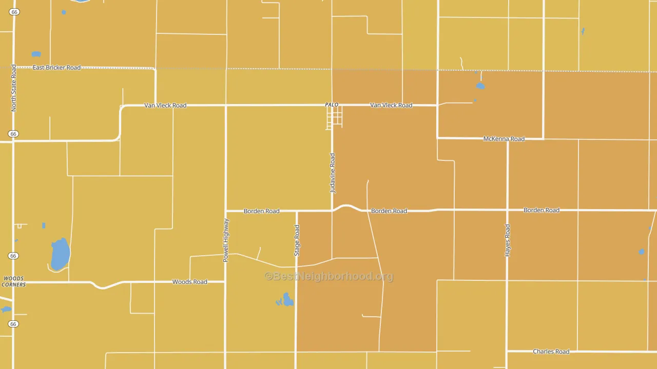 Map of the best neighborhoods in the Palo area, with better matches in green and worse matches in red