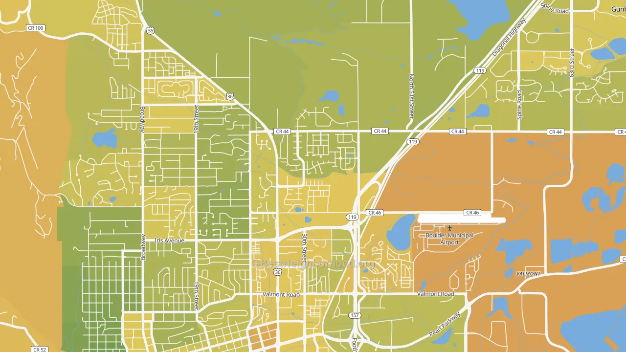 Map of the best neighborhoods in the Palo Park, Boulder area, with better matches in green and worse matches in red