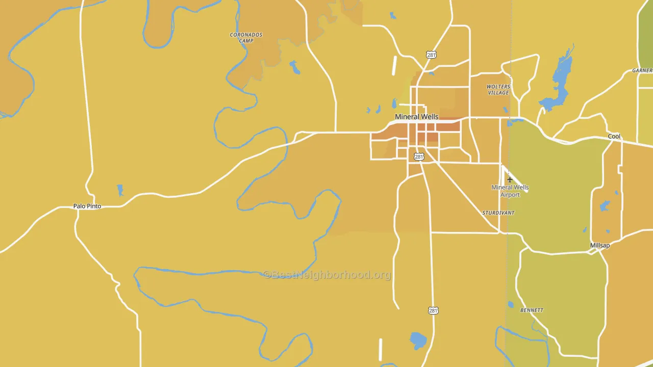 Map of the best neighborhoods in the Palo Pinto County area, with better matches in green and worse matches in red