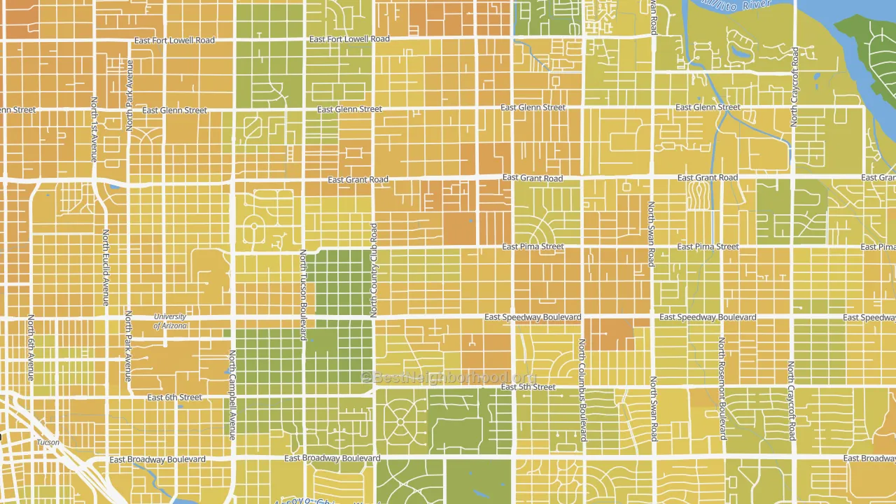 Map of the best neighborhoods in the Palo Verde, Tucson area, with better matches in green and worse matches in red