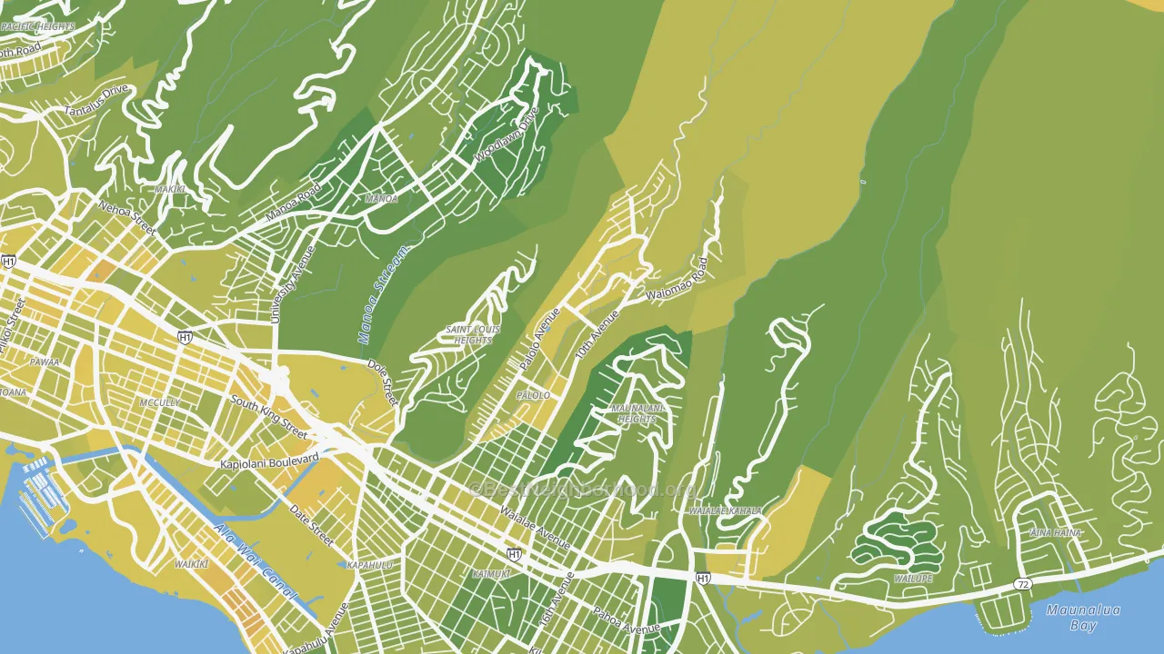 Map of the best neighborhoods in the Palolo, Honolulu area, with better matches in green and worse matches in red