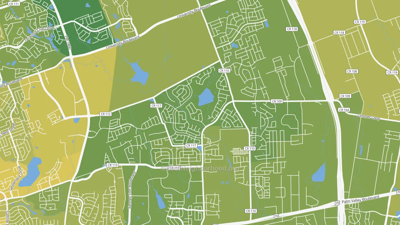 Map of the best neighborhoods in the Paloma Lake, Round Rock area, with better matches in green and worse matches in red