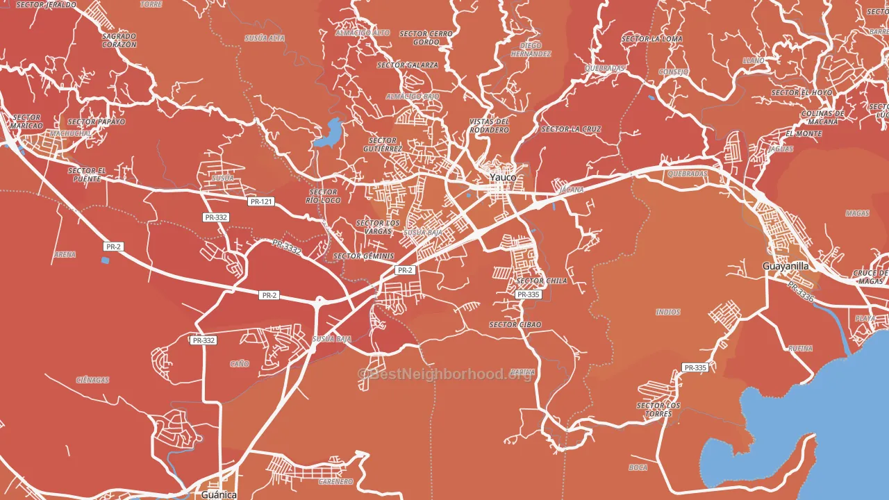 Map of the best neighborhoods in the Palomas area, with better matches in green and worse matches in red