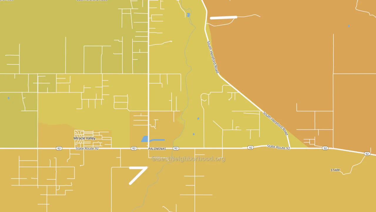 Map of the best neighborhoods in the Palominas area, with better matches in green and worse matches in red